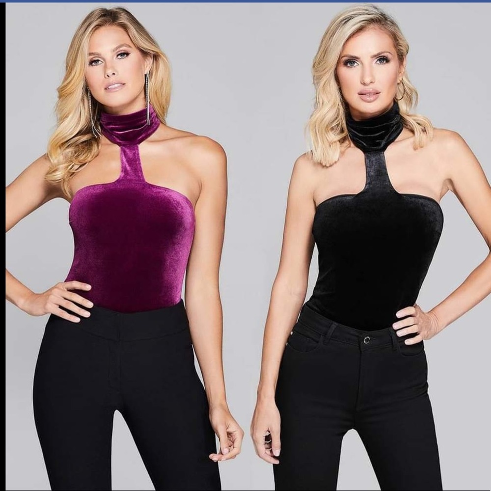 New Guess Marciano Tyler Plush Velour Collar Neck Black Bodysuit S